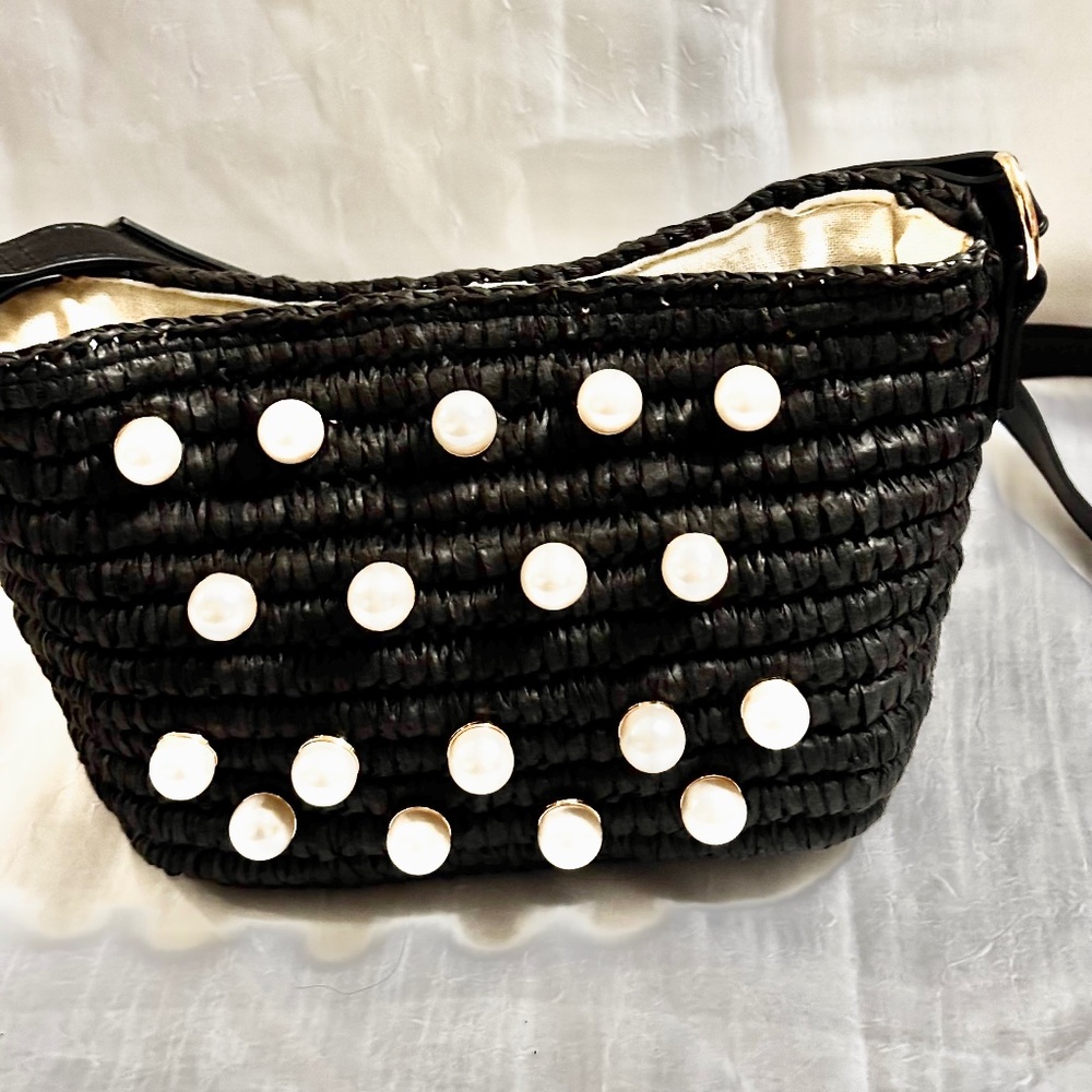 Btb Los Angeles Straw Bag Black with Pearls Adjustable Strap